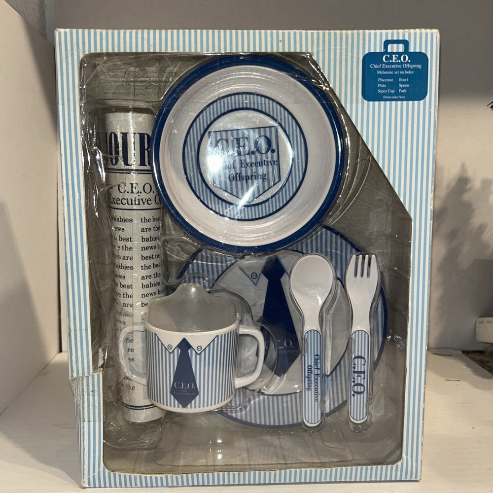 NEW MUD PIE CHIEF EXECUTIVE OFFSPRING CEO Melamine Baby Dish Gift Set Funny